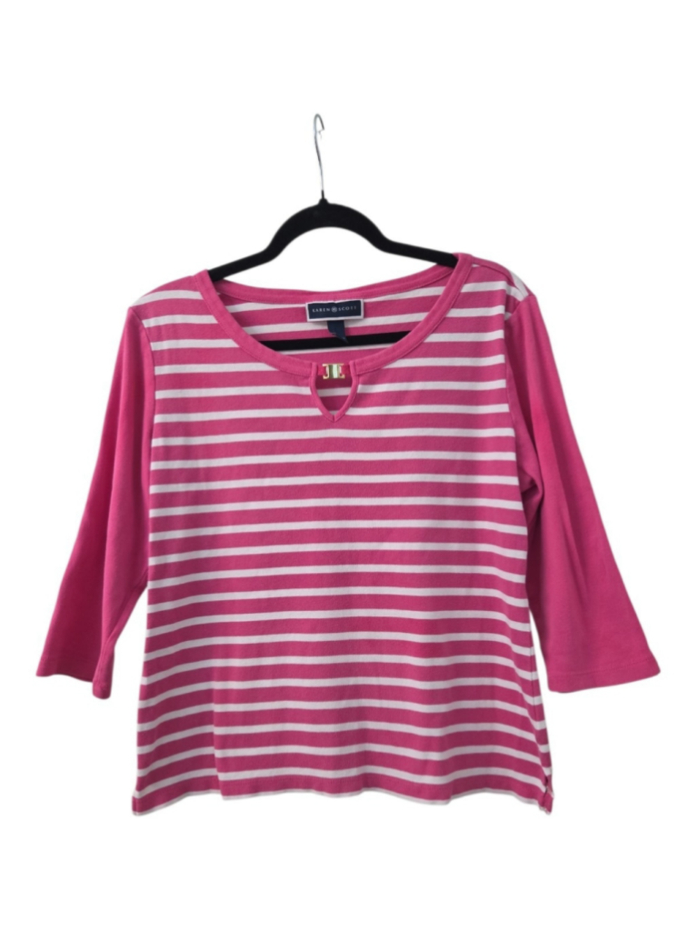 Karen Scott Women's Pink White Striped 3/4 Sleeve Keyhole Top Large